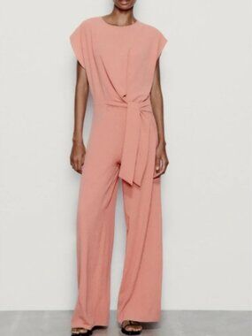 Zara Knotted Front Wide Leg Jumpsuit Dusty Pink Sash Detail